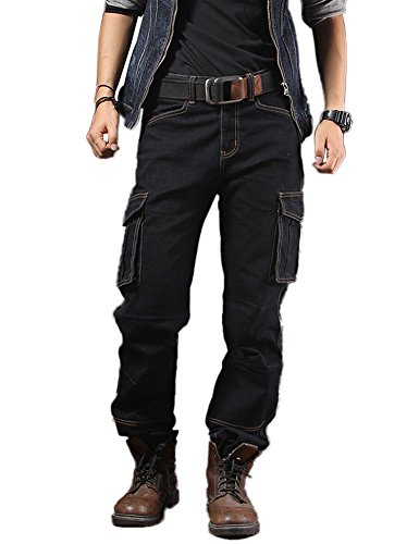 Idopy Casual Motorrad Workwear Multi Pockets Denim Biker Cargo Jeans Hosen (Schwarz, W40(Taille 103cm)) von Idopy