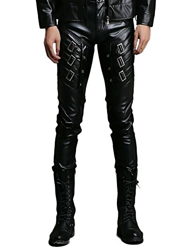 Idopy Herren Bikerhose aus weichem PU-Kunstleder, schmale Passform, Schwarz - Schwarz - 49 von Idopy