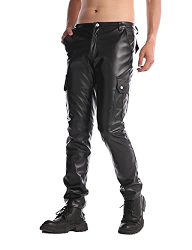 Idopy Herren-Cargohose aus Kunstleder, dehnbar, schmale Passform Gr. 50, Schwarz von Idopy