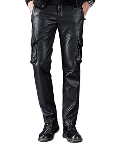 Idopy Herren Coole Kunstleder Hose Loose Style PU Cargohose, Schwarz, 32W / 30L von Idopy