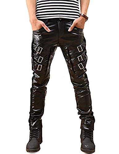 Idopy Herren Hip Hop Biker Schwarz Faux Leder Hosen Hosen (Schwarz 2, W30 (Taille 75cm)) von Idopy