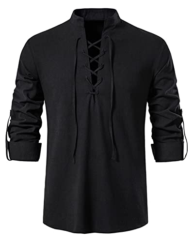 Idopy Herren Retro Schnürer Punk Renaissance Mittelalter Tops Pullover Henley Shirt, Schwarz , XXL von Idopy