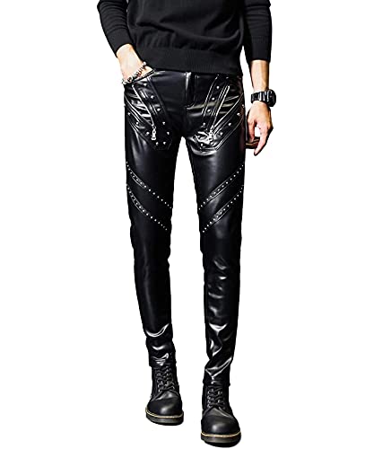 Idopy Herren Rock Steampunk Nieten PU Leder Hose Slim Fit mit Nieten, Schwarz , 24-28 von Idopy