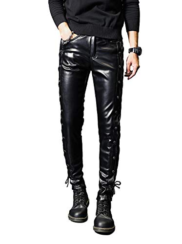 Idopy Rock Steampunk Herren-Hose, Schnürung, PU-Leder, schmale Passform, 2217 Black, 48 von Idopy