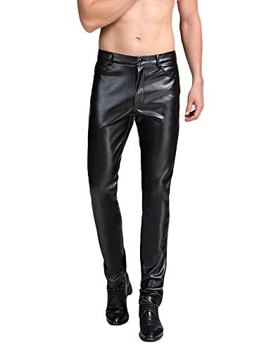 Idopy Herren Schwarz Slim Fit Business Hose Soft PU Kunstleder Fashion Biker Pants 34 von Idopy