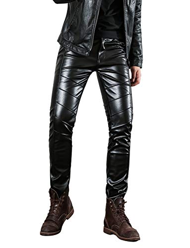 Idopy Herren Slim Fit Soft PU Faux Leder Biker Hose Trachtenlederhose Trachtenlederhose Lederhosen, Schwarz, W28(Taille 70cm) von Idopy