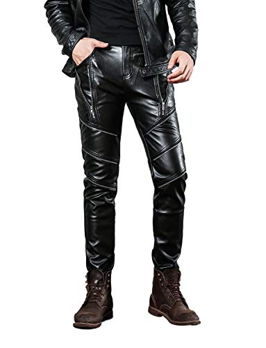 Idopy Herren Slim Fit Soft PU Faux Leder Biker Hose Trachtenlederhose Trachtenlederhose Lederhosen, Schwarz, W28(Taille 70cm) von Idopy