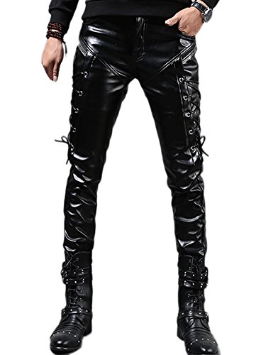 Idopy Men`s Rock Steampunk Lace Up PU Leather Pants Slim Fit (30, Black) von Idopy