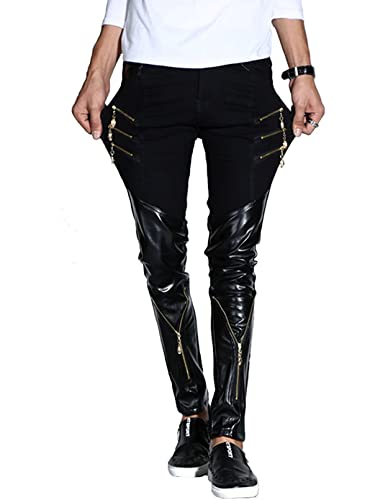 Idopy Rock Punk Herren Zippers Patch PU Leder Hip Hop Skinny Motocycle Hose, Schwarz , 31-35 von Idopy