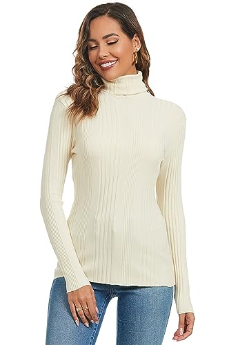 Ietaoo Damen Rollkragenpullover Strick Langarm Warm Sweatshirt Strickpullover Basic Stretch Gerippter Pulli Strickwaren Beige L von Ietaoo