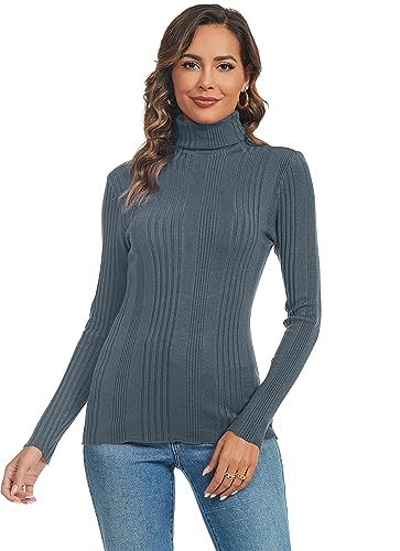 Ietaoo Damen Rollkragenpullover Strick Langarm Warm Sweatshirt Strickpullover Basic Stretch Gerippter Pulli Strickwaren Grau M von Ietaoo