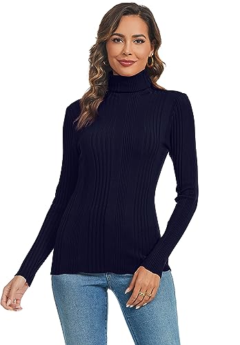 Ietaoo Damen Rollkragenpullover Strick Langarm Warm Sweatshirt Strickpullover Basic Stretch Gerippter Pulli Strickwaren Navy Blau L von Ietaoo