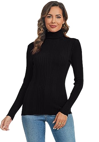 Ietaoo Damen Rollkragenpullover Strick Langarm Warm Sweatshirt Strickpullover Basic Stretch Gerippter Pulli Strickwaren Schwarz L von Ietaoo