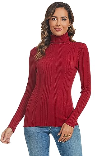 Ietaoo Damen Rollkragenpullover Strick Langarm Warm Sweatshirt Strickpullover Basic Stretch Gerippter Pulli Strickwaren Weinrot XXL von Ietaoo