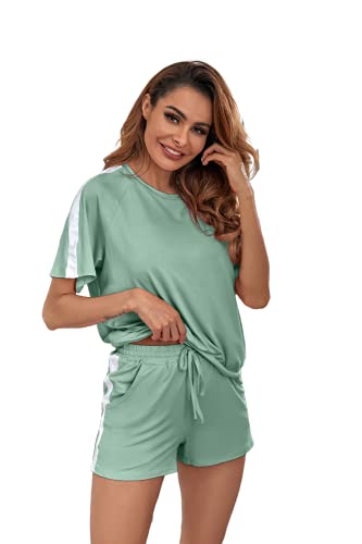 Ietaoo Damen Schlafanzug Kurz Pyjama Set Baumwolle Kurzarm Top und Short Nachtwäsche Hausanzug Zweiteilige Sleepwear Freizeitanzug mit Tasche,Hellgrün,XXL von Ietaoo