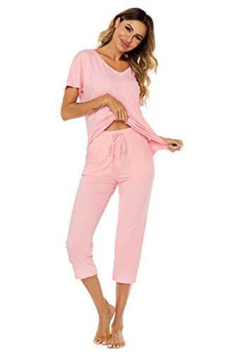 Ietaoo Damen Schlafanzug Kurz Pyjama Set Sommer Kurzarm Top und 3/4 Schlafanzughose Nachtwäsche Hausanzug Zweiteilige Sleepwear Freizeitanzug Rosa S von Ietaoo