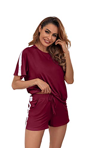 Ietaoo Damen Schlafanzug Kurz Pyjama Set Sommer Kurzarm Top und Short Nachtwäsche Hausanzug Zweiteilige Sleepwear Freizeitanzug mit Tasche, Weinrot, Gr. XXL von Ietaoo