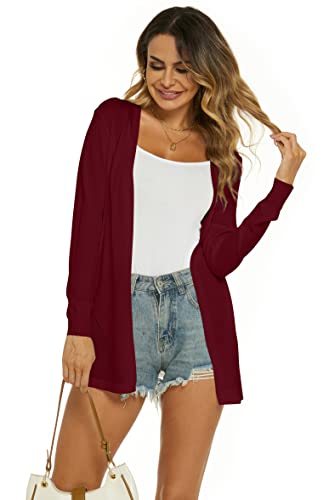 Ietaoo Damen Strickjacke Sommer Cardigan Elegant Lang Jacke Leichte Langarm Offene Strickjacke Sommerjacke Weinrot L von Ietaoo