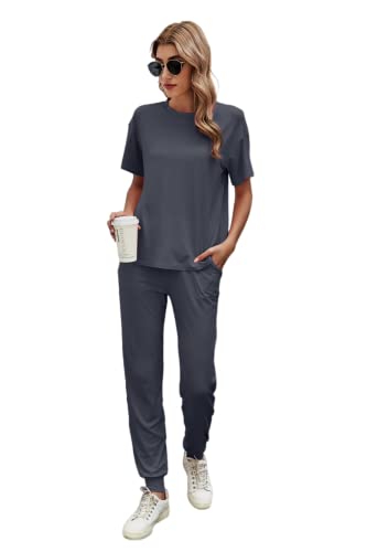 Ietaoo Damen Schlafanzug Pyjama Set Sommer Kurzarm Top und Schlafanzughose Nachtwäsche Hausanzug Zweiteilige Sleepwear Freizeitanzug Grau XXL von Ietaoo