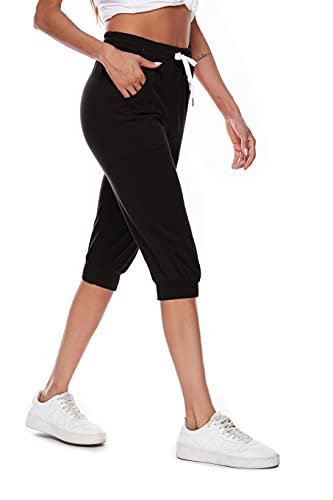 Ietaoo Jogginghose Damen 3/4 Sporthose Trainingshose Sommer Baumwolle Caprihose Sweathose Laufhose Freizeithose Sport Fitness Yoga Hose Schwarz S von Ietaoo