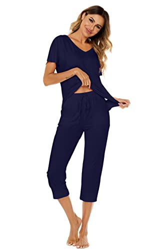 Ietaoo Schlafanzug Damen Kurz Pyjama Sommer Kurzarm T-Shirt und 3/4 Pyjamahose Nachtwäsche Baumwolle Hausanzug Schlafanzug Zweiteilige Jogginganzug Navy Blau XXL von Ietaoo