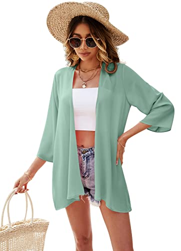 Ietaoo Strickjacke Damen Kimono Cardigan Chiffon Boho 3/4 Arm Leichte Sommerjacke Strand Cover Up Shawl Bluse Grün XL von Ietaoo