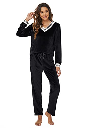 Ietaoo Velours Trainingsanzug Damen Schlafanzug Zweiteilige Jogginganzug Sportanzug Winter V Ausschnitt Pullover und Hose Nicki Hausanzug Pyjama Set Schwarz L von Ietaoo