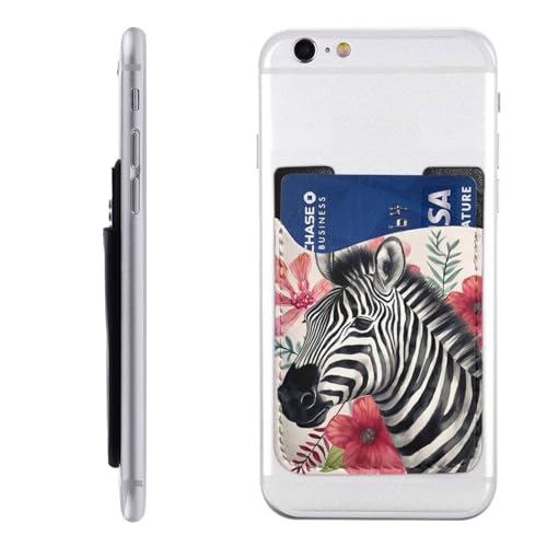 Zebra und Blumen Kartenhalter für Handyhülle, PU-Leder, selbstklebend, Ausweis, Kreditkartenetui, geeignet für die Rückseite der meisten Smartphones von IguaTu