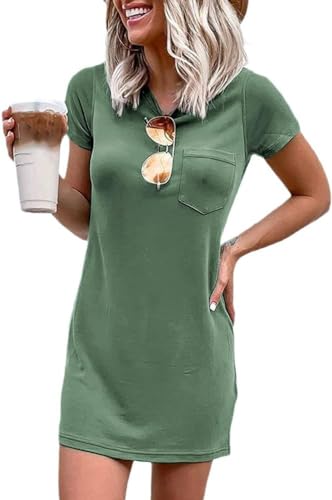 Imily Bela Damen Kleider Sommer Kurzarm T Shirt Kleider Rundhals Mini Freizeitkleider Basic mit Taschen(Armee grün,L) von Imily Bela