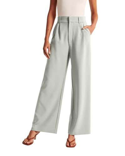 Imuedaen Damen Hosen High Waist Weites Bein Leichte Hose Casual Locker Kausale Büro Business Hosen Mit Taschen (Hellgrün, M) von Imuedaen