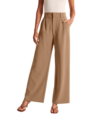 Imuedaen Damen Hosen High Waist Weites Bein Leichte Hose Casual Locker Kausale Büro Business Hosen Mit Taschen (Khaki, S) von Imuedaen