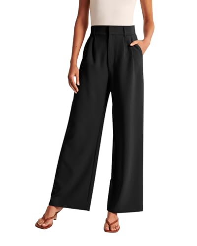 Imuedaen Damen Hosen High Waist Weites Bein Leichte Hose Casual Locker Kausale Büro Business Hosen Mit Taschen (Schwarz, M) von Imuedaen