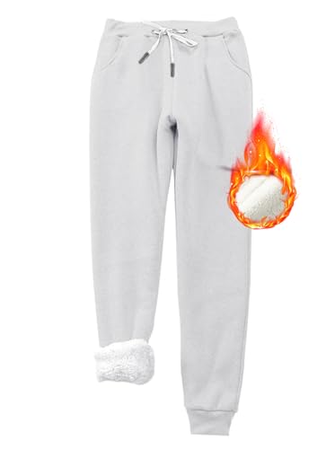 Imuedaen Damen Jogginghose Warme Fleece Freizeithose Sweatpants Winter Verdickte Sporthosen Gefütterte Jogger Hose Kordelzug Traininghose mit Tasche (A Hellgrau, XL) von Imuedaen