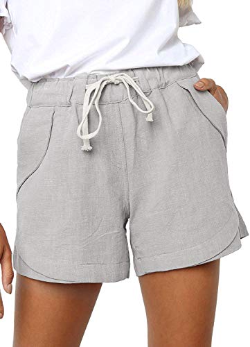 Imuedaen Damen Shorts Sommer Casual Kurze Hosen Tunnelzug Elastische Stoffhose Hotpants Baumwolle Leinen Strand Shorts mit Taschen (A Grau, S) von Imuedaen