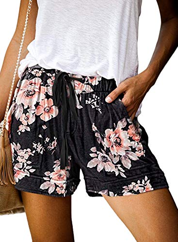 Imuedaen Damen Shorts Sommer Casual Kurze Hosen Tunnelzug Elastische Stoffhose Hotpants Baumwolle Leinen Strand Shorts mit Taschen (B Schwarz 2, S) von Imuedaen