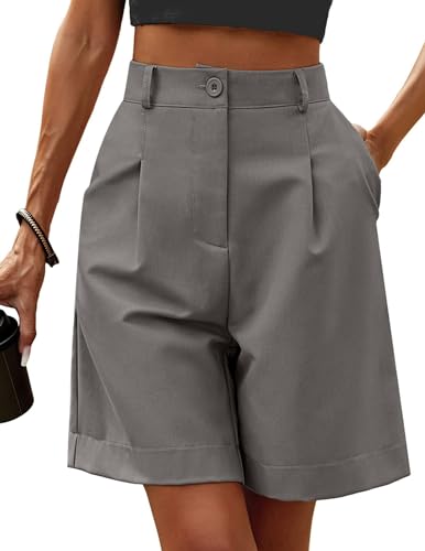 Imuedaen Shorts Damen Sommer Bermuda Lässig Elastische Hohe Taille Weite Bein Kurzhose Business Cargo Shorts mit Taschen (A-Dunkelgrau, XL) von Imuedaen