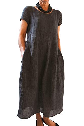 Imuedaen Sommerkleid Damen Leinenkleider Sommer Casual Rundhalsausschnitt Kurzarm Freizeitkleid Strandkleider Boho Langes Kleid mit Taschen (B Schwarz, L) von Imuedaen