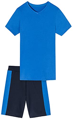 Jungen Schlafanzug kurz, weicher Single-Jersey aus 100% Baumwolle und Hose in Bermuda Form - in blau Grösse 152 von In One Clothing