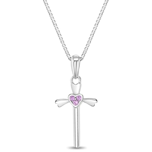 In Season Jewelry 925 Sterling Silber 40cm Rosa CZ Zirkonia Herz Kreuz Anhänger Halskette für Mädchen & Preteens - Lovely Herz CZ Kreuz Charme-tägliches Accessoire - Elegante religiöse Halsketten von In Season Jewelry