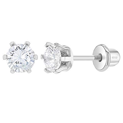 In Season Jewelry 925 Sterling Silber 4Mm Klare Zinkenfassung Runde Zirkonia Baby Ohrstecker-Sicherheitsschraubverschluss Für Säuglinge-Kleinkinder & Junge-Mädchen-Elegante Zinkenkorb-Mädchenohrringe von In Season Jewelry