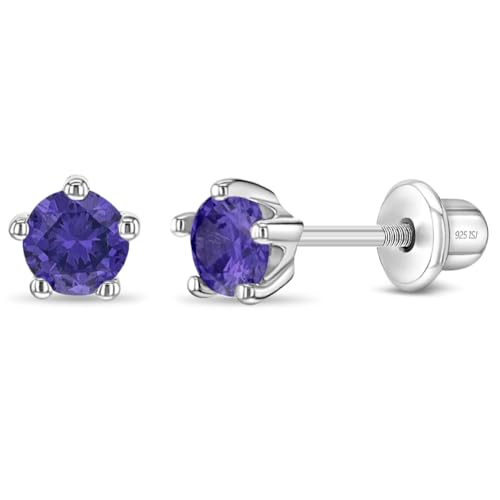 In Season Jewelry 925 Sterling Silber Glitzernd Lila 4Mm Runde Form Simulierter Amethyst CZ Zirkonia Ohrringe Zinken-Set Für Kleinkinder Mädchen Mit Hypoallergenem Sicheren Schraubverschluss von In Season Jewelry