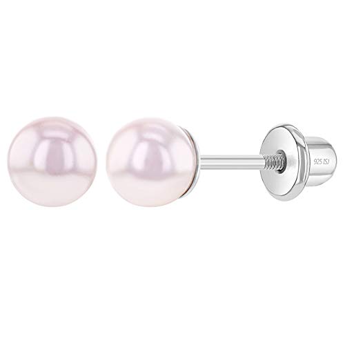 In Season Jewelry 925 Sterling Silber Klassische 5Mm Rosa Simulierte Perle Kleinkind Ohrringe-Perfekte Baby-Mädchen-Ohrringe Das Beste Geschenk Zum Geburtstag, Taufe, Feiertagen, Besonderen Anlass von In Season Jewelry