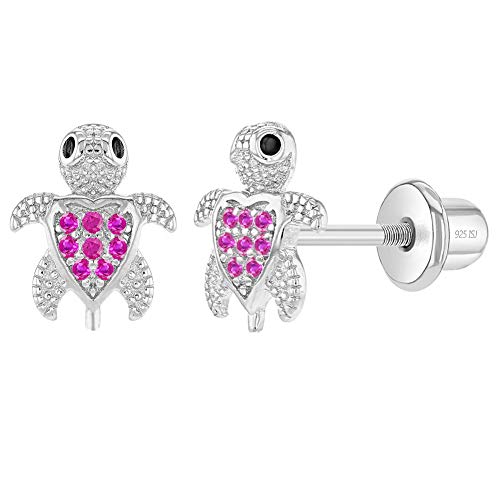 In Season Jewelry 925 Sterling Silber Mädchen Fuchsia CZ Zirkonia Schraube Zurück Meer Tier Thema Ohrringe - Schildkröte Ohrstecker für Junge Mädchen/Teens - Sicherheit Schraubverschluss Verriegelung von In Season Jewelry