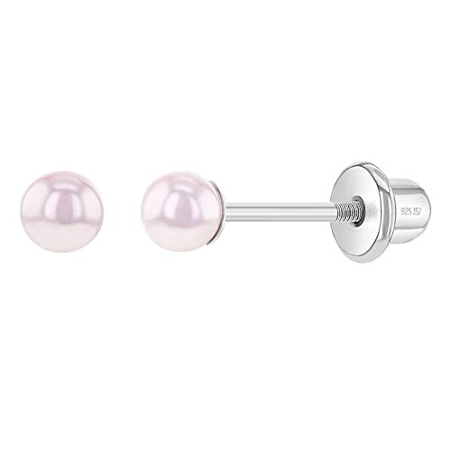 In Season Jewelry 925 Sterling Silber Klassisch Winzige 3mm rosa simulierte Perle Kleinkind Ohrringe - Perfekte Baby Mädchen Ohrringe mit Verriegelung Schraubverschluss für gepiercte Ohren von In Season Jewelry