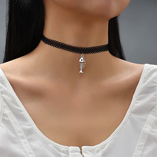 Inateannal Gothic Hollow Lace Choker Halskette Schwarz Tattoo Choker Fishbone Anhänger Halskette Kette Schmuck für Frauen Mädchen von Inateannal