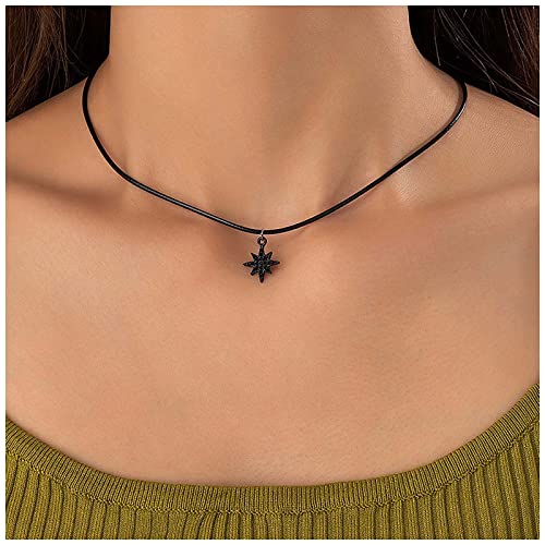 Inateannal Gothic schwarze Leder Chokerhalskette kurze schwarze Northstar Anhänger Halskette Vintage Lederband Halskette Starburst Halsband Halskette Schmuck für Frauen und Mädchen von Inateannal