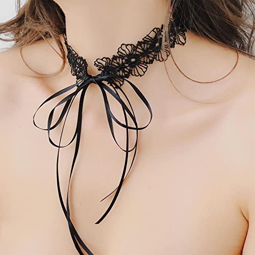 Inateannal Schwarze Spitze Blume Choker für Frauen Mädchen Gothic Bowknot Choker mit langen Band 90er Jahre Spitze Tattoo Choker Kragen Halskette Hochzeit Halskette Schmuck für Bridal von Inateannal