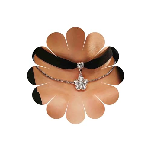 Inateannal Schwarzer Samt Choker Halskette Geschichtet Blume Anhänger Halskette Schwarzer Satin Choker Halskette Wildleder Kurzes Halsband Halskette Silber Blume Kette Halskette Schmuck Für Frauen von Inateannal