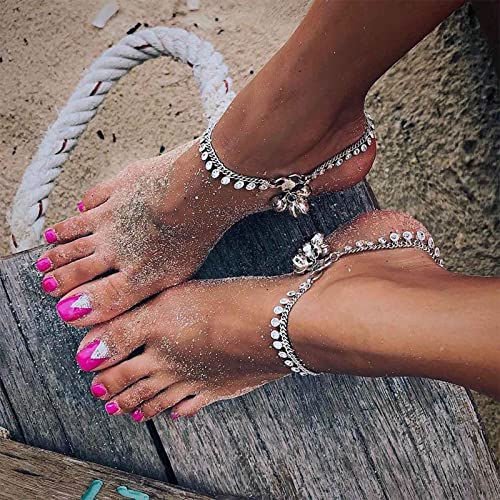 Inateannal Silbernes Knöchelarmband für Frauen Gypsy Münze Glocke Fußkettchen Retro Sommer Strand Barfuß Sandalen Fußschmuck für Teenager Mädchen von Inateannal