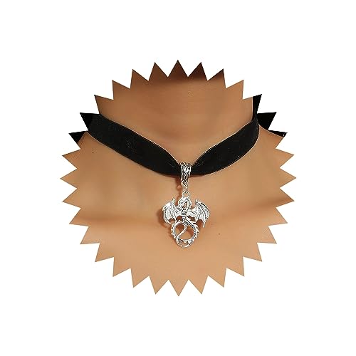 Inateannal Vintage Schwarzer Samt Choker Halskette Silber Drachen Anhänger Halskette Gothic Samt Drachen Halskette Schwarzer Wildleder Kragen Halskette Schmuck Für Frauen Und Mädchen von Inateannal